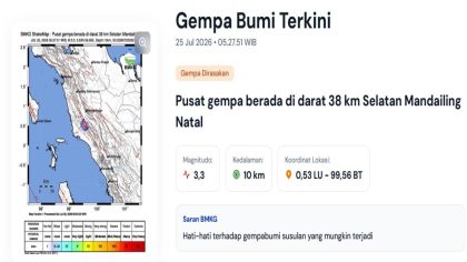 Gempa M 3,3 Guncang Mandailing Natal, BMKG: Dipicu Aktivitas Sesar Besar Sumatra